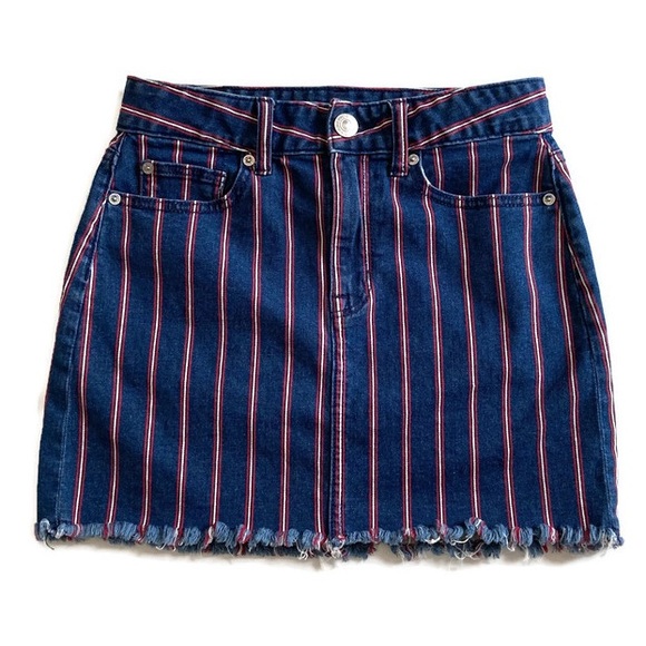 American Eagle High Rise Striped Denim Mini Skirt Frayed Hem Patriotic RWB - Picture 2 of 10